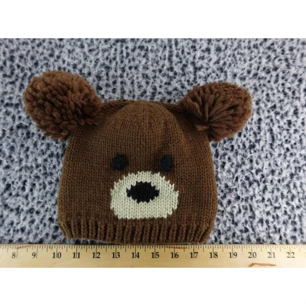Kids Bear Face Knit Beanie‎ Hat with Pom Pom Ears Brown OSFM